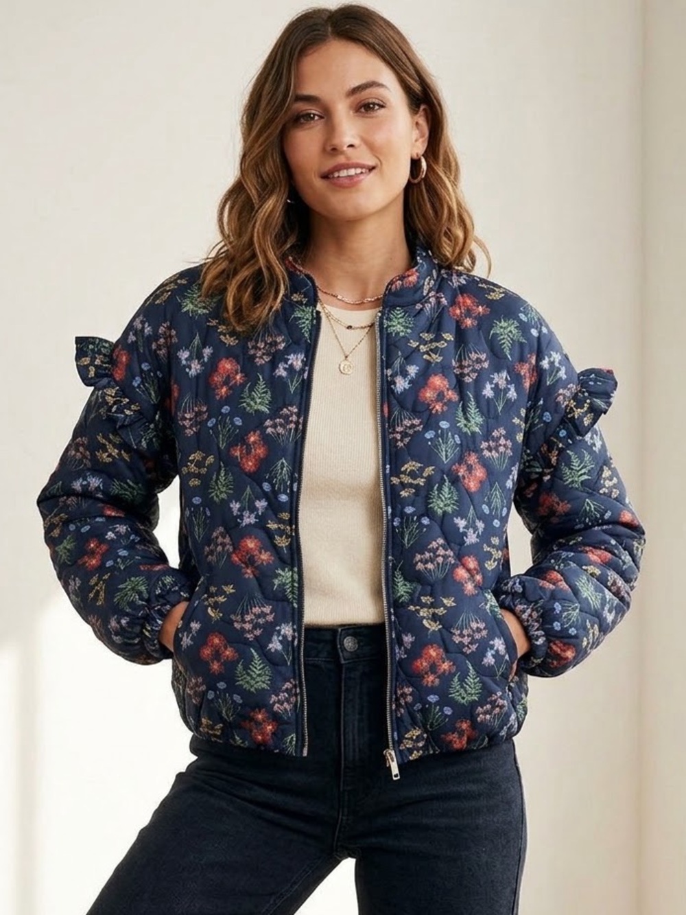 Eloquii women’s Floral Blue Puffer Bomber Jacket, size 14 plus size winter coat